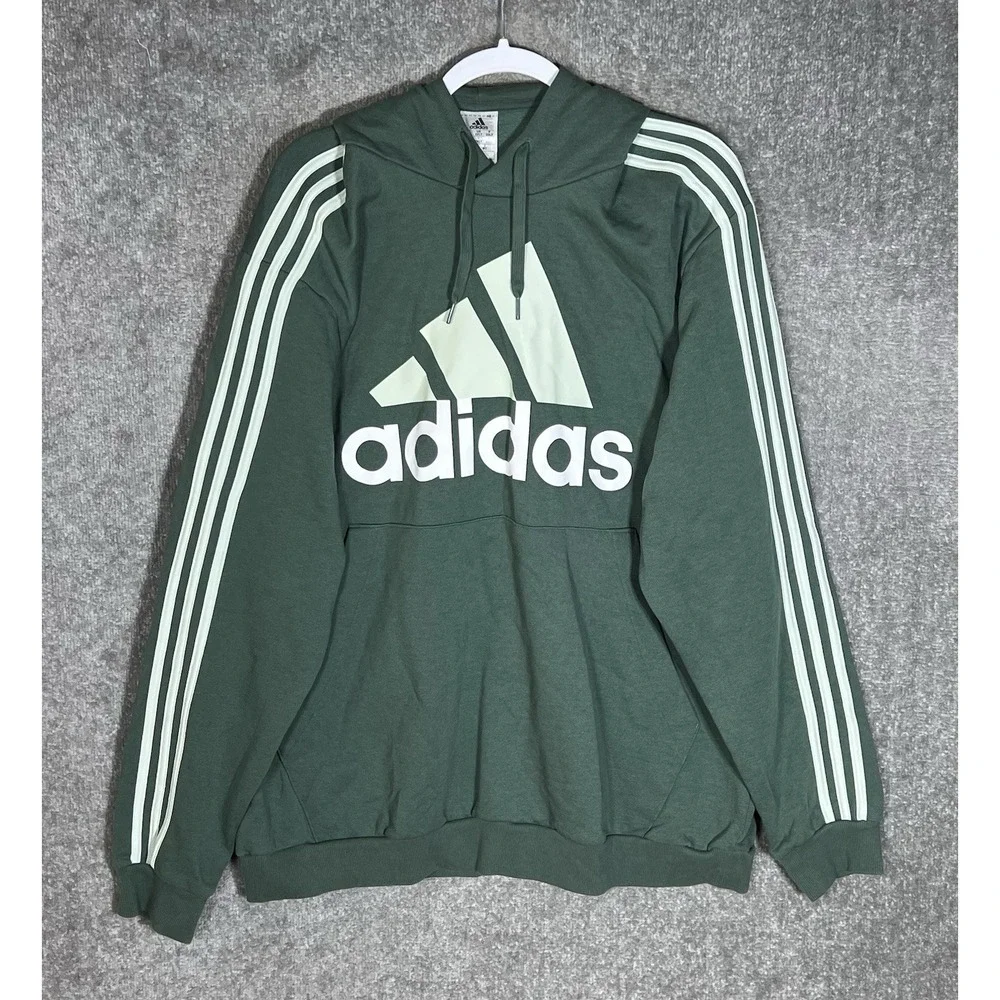 Adidas Essentials Fleece 3 Stripe Logo Hoodie Mens Sz 2XLT Green White SPELLOUT